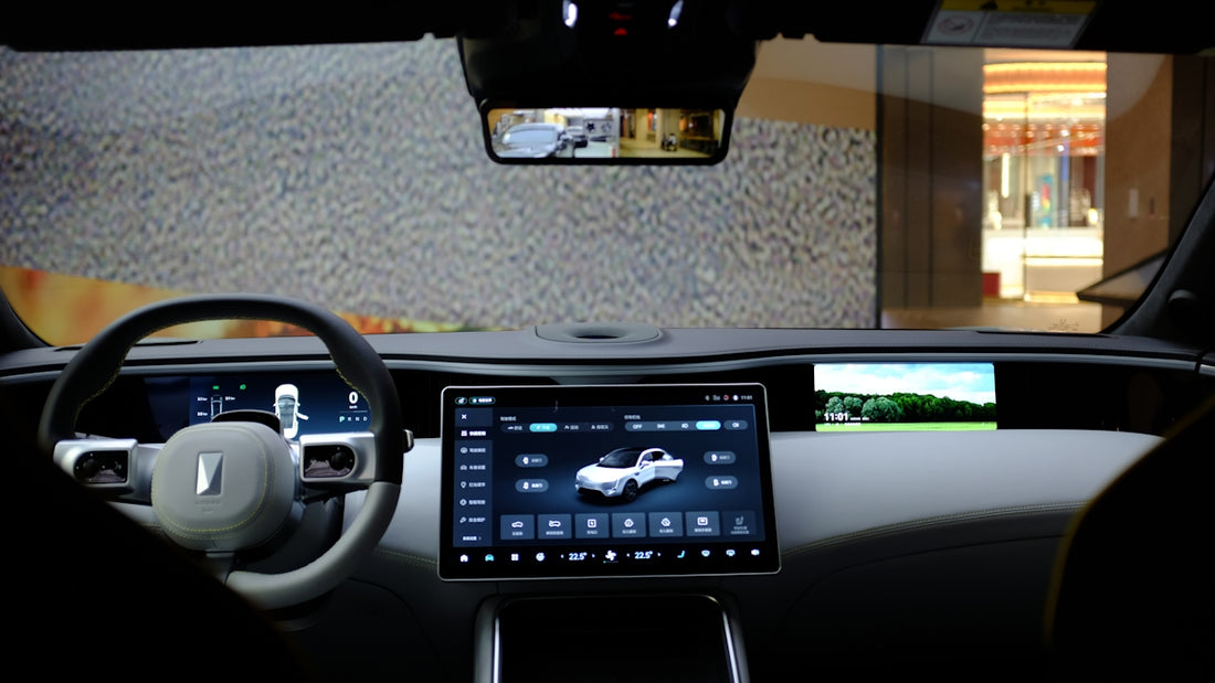 the interior of a car with a display of a car's dashboard