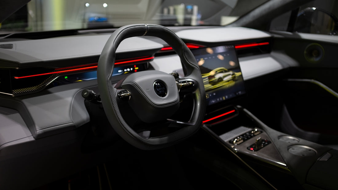 the interior of a car with a steering wheel