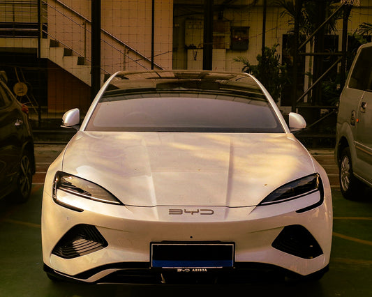 A white sports car parked in a parking lot